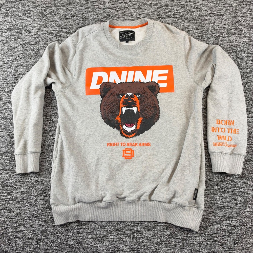 DNINE Reserve Mens L Gray Bear Graphic Crewneck Sweatshirt Orange Streetwear